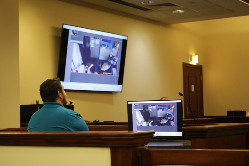 Sheriff's Deputy Michael "Cody" Rayborn looks on at a June 10, 2026, hearing as the Rankin County Court views security footage of an incident in which Joanna Karras accused him of sexually harassing her during her night shift at the Florence Police Department.