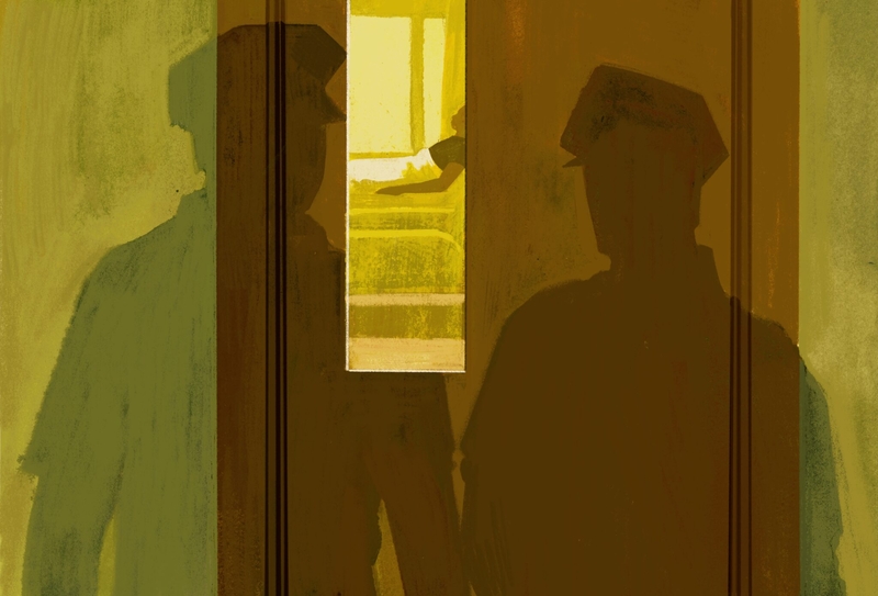 An illustration of a person lying in a hospital bed and seen through a rectangular vertical window on a door.