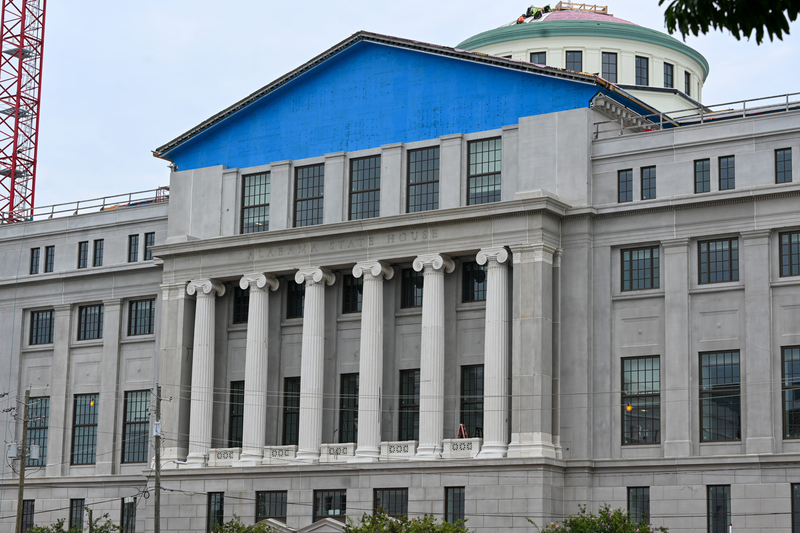 A marble building under construction.