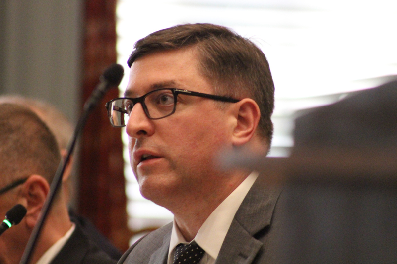 Senate Majority Leader Bryan Townsend testifies during a Senate Executive Committee hearing in May 2024.
