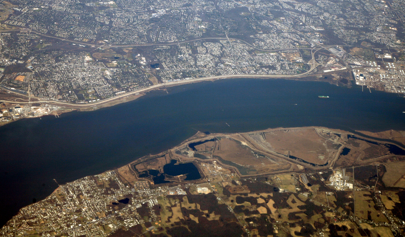 The Delaware River near Claymont, Delaware, is seen from an aerial photo.