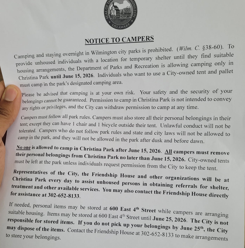 Carney to shut down Christina Park homeless encampment