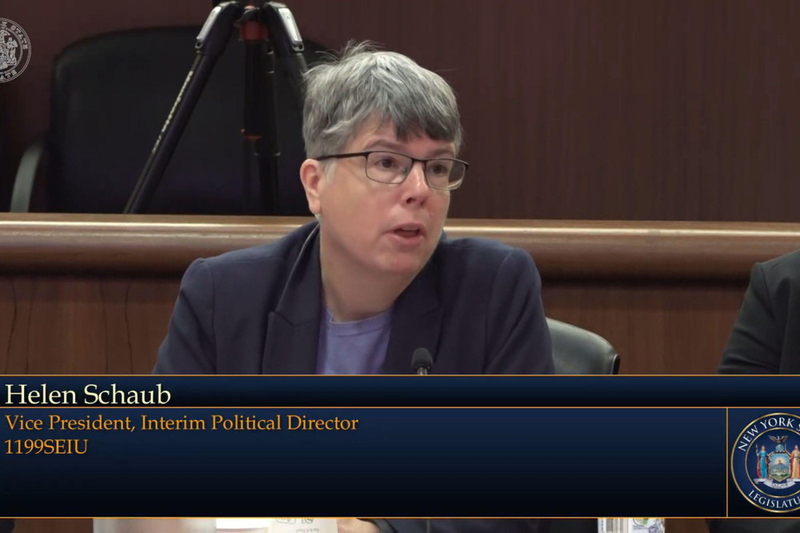 A video screenshot from a legislative hearing shows Helen Schaub testifying. She is a middle-aged woman with short gray hair and glasses.