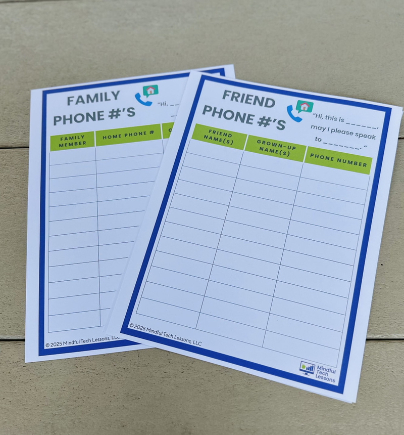 A photo of sheets titled "Friend phone numbers," with columns for friend names, grown-up names, and phone numbers.