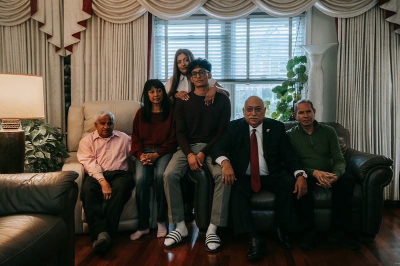 From left to right: Akram “Uncle Sam” Somaroo, Bherwanishwarje “Aunt Bea” Bishunauth, Dayawati Bishunauth, Brandon Karan Bishunauth, Ravi Batra, Nicholas “Uncle Nick” Galafano.