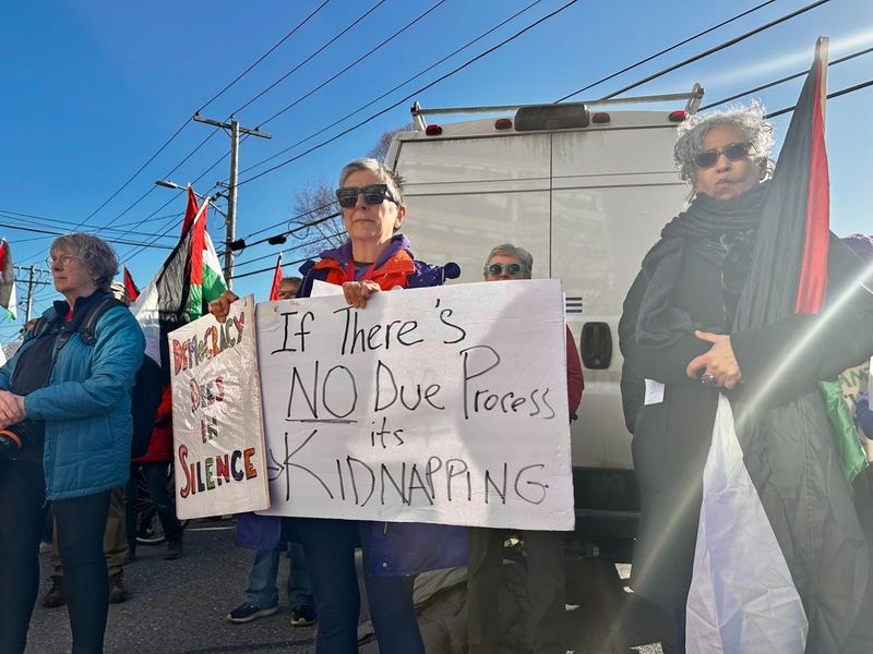 A group of people stand outside; one person holds a sign reading, “If there’s NO Due Process it’s KIDNAPPING.” Others hold flags and signs at the demonstration.