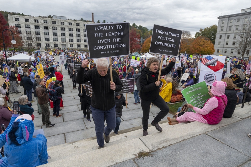 A large crowd gathers at a protest. Two people in front hold signs reading "Loyalty to the leader over the Constitution" and "Threatening political opponents.