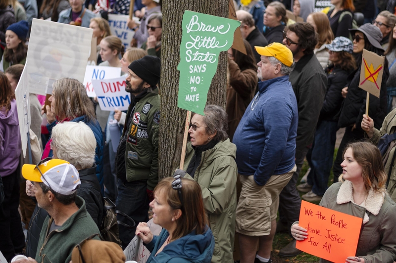 A crowd of people at a protest hold various signs, including one reading "Brave Little State Says No to Hate" and another saying "We the People Demand Justice for All.