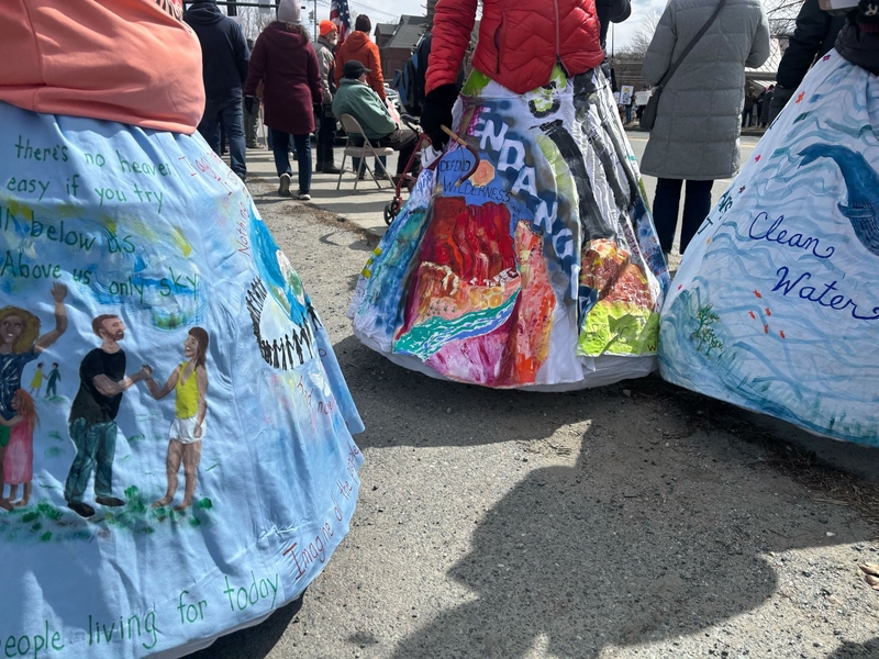 People wearing large, decorated skirts with environmental messages and artwork stand together outdoors at a public event.