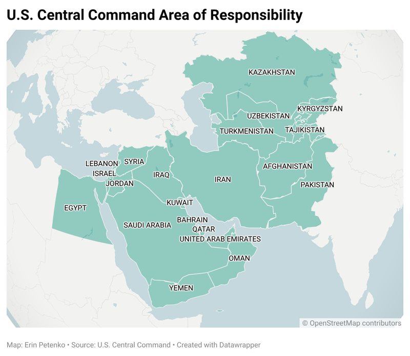 Map showing the countries in the U.S. Central Command Area of Responsibility, including Egypt, Saudi Arabia, Iraq, Iran, Afghanistan, and others in the Middle East and Central Asia.