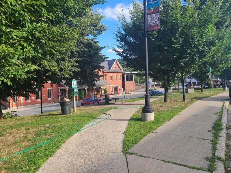 A sidewalk curves through a grassy area with trees, beside a street with a red brick building. A farmers market banner hangs from a pole.
