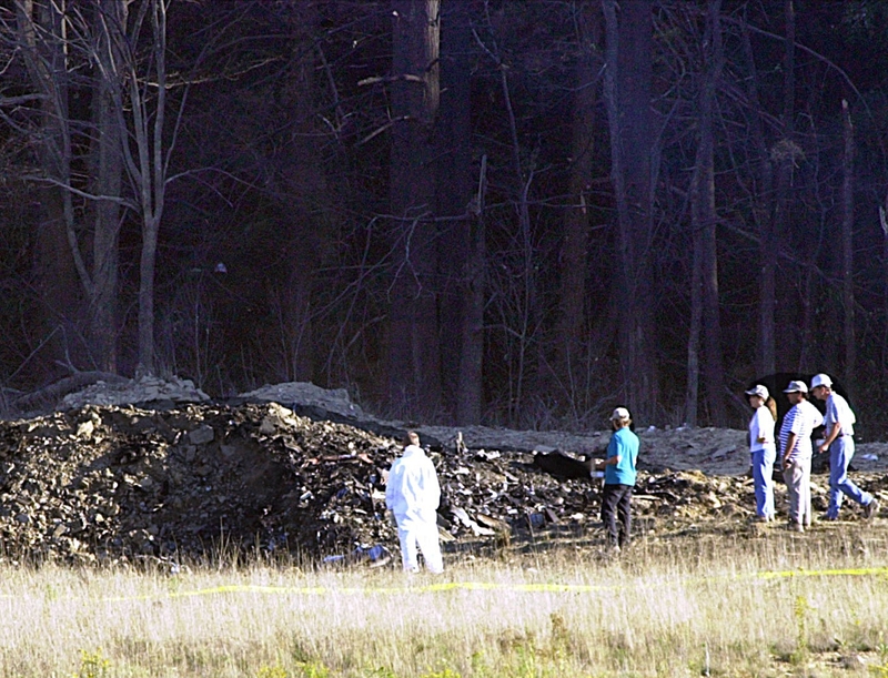 Several people, including one in white protective clothing, stand near a large pile of debris at the edge of a wooded area.