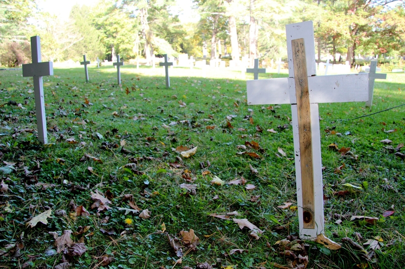 White wooden crosses in a grassy cemetery.