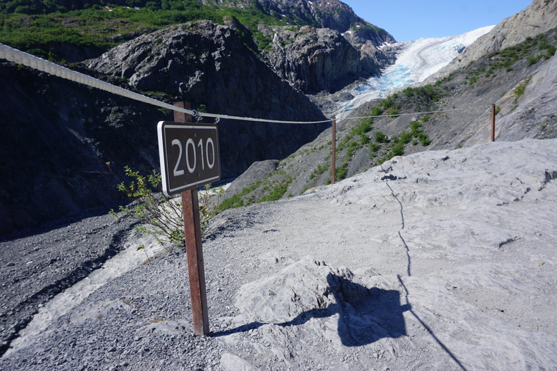 The terminus of Exit Glacier, seen here on July 5, 2022, has slipped well uphill from where it was in 2010 -- and farther away from the end of the hiking trail. (Photo by Yereth Rosen/Alaska Beacon}