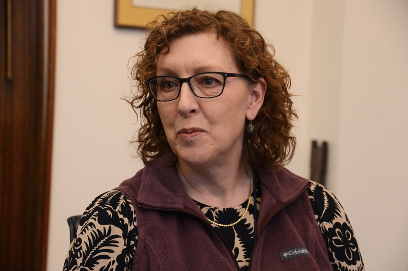 Carol Beecher, the new director of the Alaska Division of Elections, answers questions from reporters on Thursday, Feb. 16, 2023. (Photo by James Brooks/Alaska Beacon)