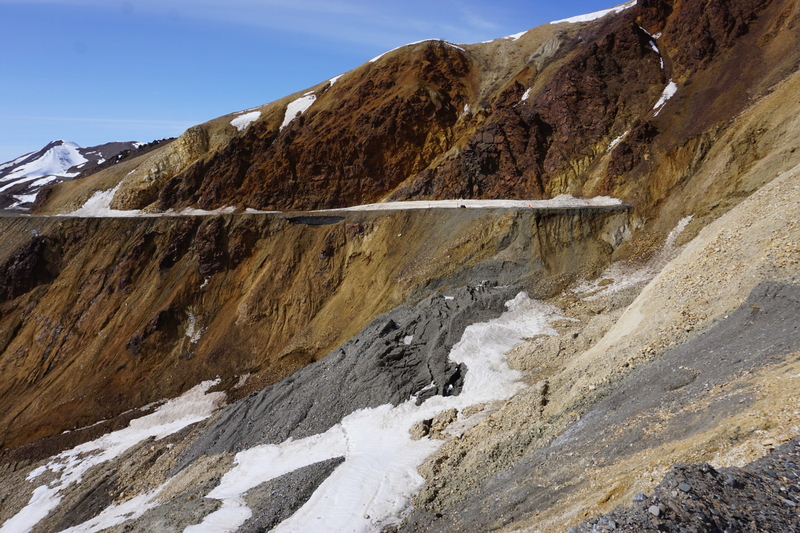 The landslide at Pretty Rocks, at about the halfway point of the Denali National Park road, is seen on May 5, 2023. The slide destroyed a section of road. The project to install a new bridge has been to allow the road to reopen has been challenging because of geologic and logistical complexities. Those include ice-rich permafrost, a band of difficult clay and overall remoteness, (Photo by Yereth Rosen/Alaska Beacon)