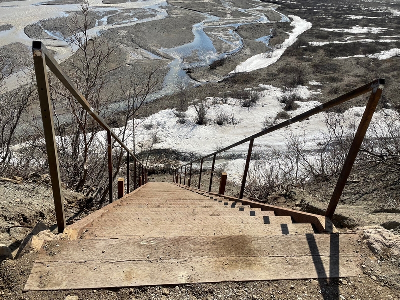 A temporary staircase at the East Fork turnaround area on the Denali National Park road, seen here in May of 2022, gave visitors access to the river plain below the roadbed and a route for exploring park territory beyond the Pretty Rocks closure area. (Photo provided by National Park Service)