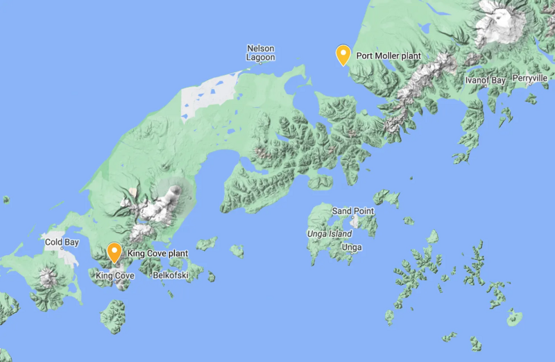 A map of the Alaska Peninsula showing the location of Peter Pan’s King Cove and Port Moller plants. (Maps data: Google)