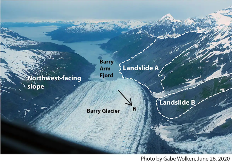 Landslide-affected slopes around Barry Arm fjord, Alaska. If the slopes suddenly collapse, scientists fear a large tsunami would hit the town of Whittier, 48km away.(Photo by Gabe Wolken/USGS)