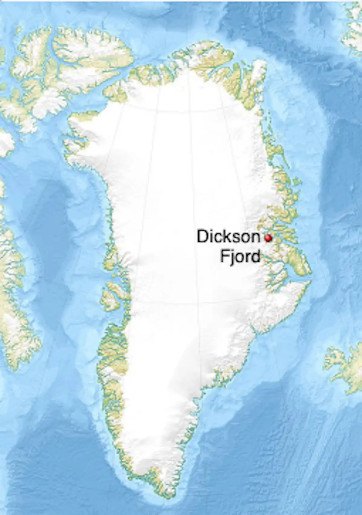 Dickson Fjord is surrounded by steep mountains.(Map by Uwe Dedering/wiki, CC BY-SA)