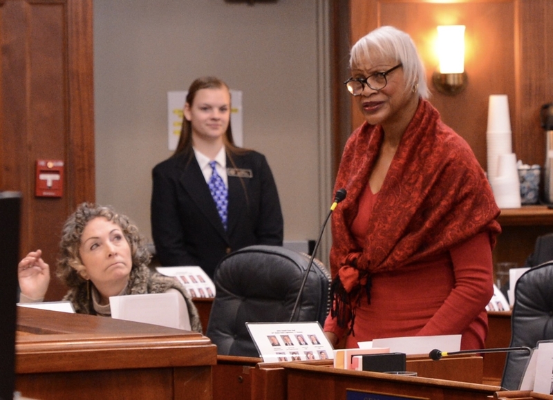 Sen. Elvi Gray-Jackson, D-Anchorage, speaks in the Alaska State Capitol on Wednesday, Feb. 5, 2025. (Photo by James Brooks/Alaska Beacon)