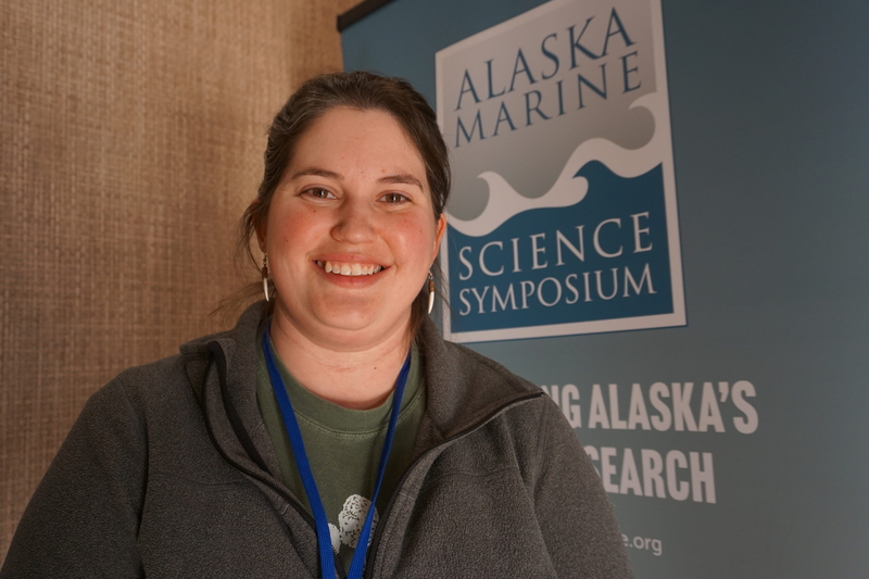 Alexandria Sletten, now with the Alaska Department of Fish and Game, is seen at the Alaska Marine Science Symposium on Jan. 30, 2025. She studied microplastic levels in spotted seal stomachs when she was a student at the University of Alaska Fairbanks. (Photo by Yereth Rosen/Alaska Beacon)