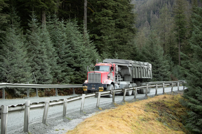 A truck rumbles down a road at the Greens Creek mine. (Hecla Greens Creek Mine photo)