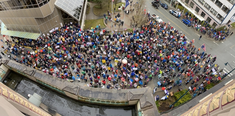 A panoramic shot from the fifth floor of the Capitol building of an estimated 1,550 people protesting as part of the "Hands Off!" demonstration on April 5, 2025 (Photo courtesy of Skip Gray)