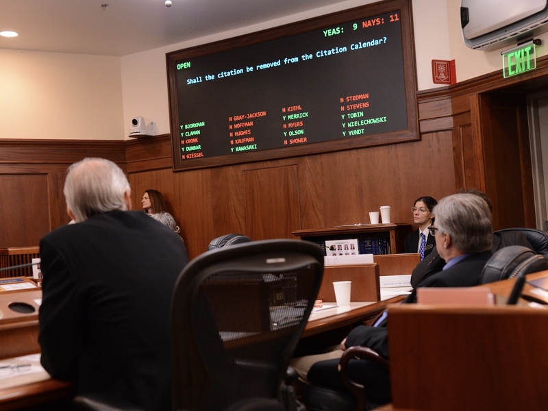 The tally board in the Alaska Senate on Tuesday, May 13, 2025, shows votes for and against a procedural vote needed to cancel a legislative citation for political writer Suzanne Downing. (James Brooks/Alaska Beacon)