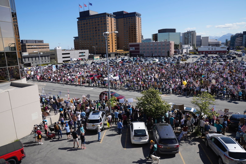 A crowd of several thousand rally for the No Kings protest in Anchorage on June 14, 2025 (Photo by Michael Conti)