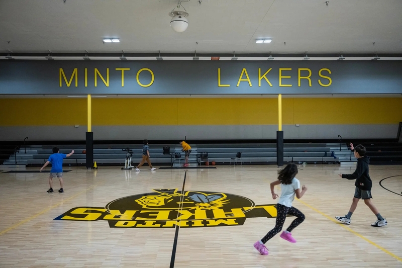 Students play games in the recently remodeled gym at the Minto School. The gym was funded with a $3.2 million gift from the economic development arm of Minto’s tribal government. (Photo by Marc Lester/Anchorage Daily News)