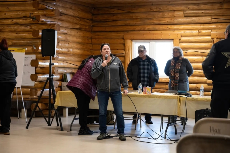 Lori Baker, chief of the tribal government, speaks to an audience at the Minto Community Hall on the day she was reelected to the position (Photo by Marc Lester/Anchorage Daily News)