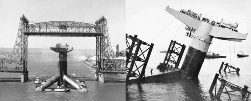 The Monopod platform was built in Washington state during the 1960s for oil companies Marathon and Unocal. It then had to be floated down the Columbia River to the Pacific Ocean and nearly 2,000 miles to Alaska. Once in Cook Inlet, its pontoons were flooded and it was sunk into place. (Photo courtesy of Alaska State Library, Ackroyd Photography Inc., left photo; right photo uncredited)