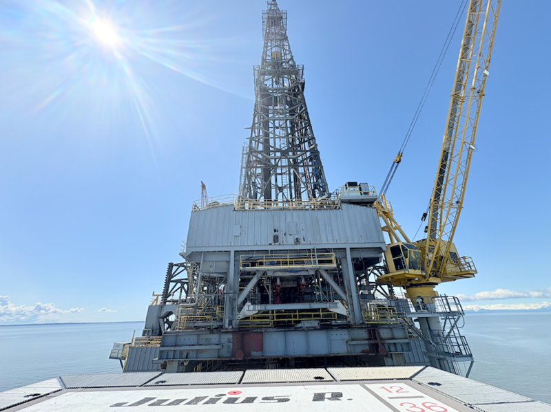 The Spartan 151 drill rig, as seen from the helicopter pad on the Julius R platform (Photo by Nathaniel Herz/Northern Journal)