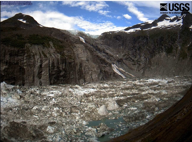 Suicide Basin is seen on July 31, 2025, with rising meltwater and ice chunks. The image, provided by the U.S. Geological Survey, was among the real-time information provided by a new online dashboard that alerts residents to pending risks from Mendenhall Glacier outburst floods. (Image from Juneau Glacial Flood Dashboard)