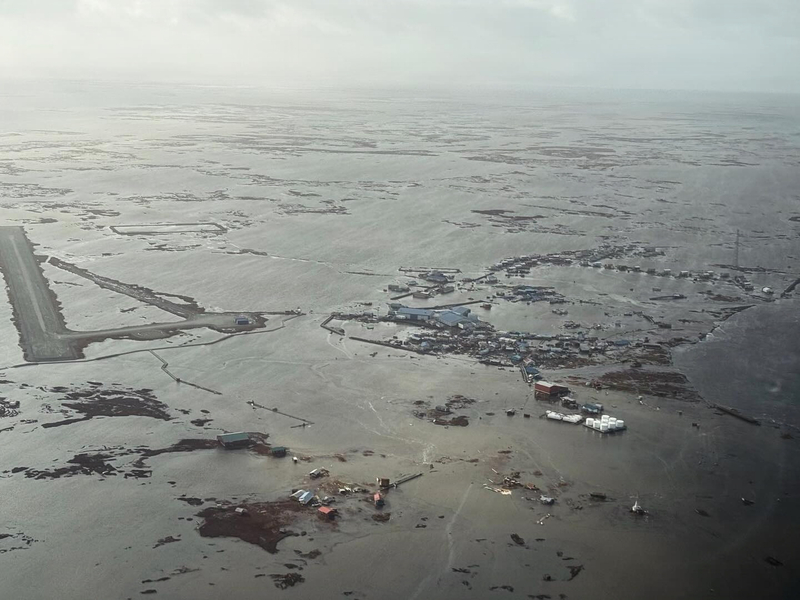 Flooded areas of the Yukon-Kuskokwim Delta are seen on Oct. 13, 2025. The view from the air was seen by Alaska Air National Guard rescue personnel who were conducting search and rescue operations in the region, which was hit by the remnants of Typhoon Halong. (Photo provided by Alaska Air National Guard)