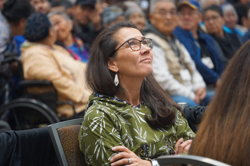 Former U.S. Rep. Mary Peltola, D-Alaska, listens to keynote speaker Natasha Singh on Oct. 16, 2025, the first day of the Alaska Federation of Natives convention in Anchorage. (Photo by Yereth Rosen/Alaska Beacon)