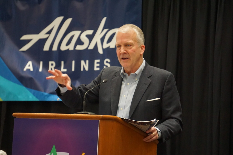 U.S. Sen. Dan Sullivan, R-Alaska, speaks to the Anchorage Chamber of Commerce on Nov. 24, 2025. (Photo by Yereth Rosen/Alaska Beacon)