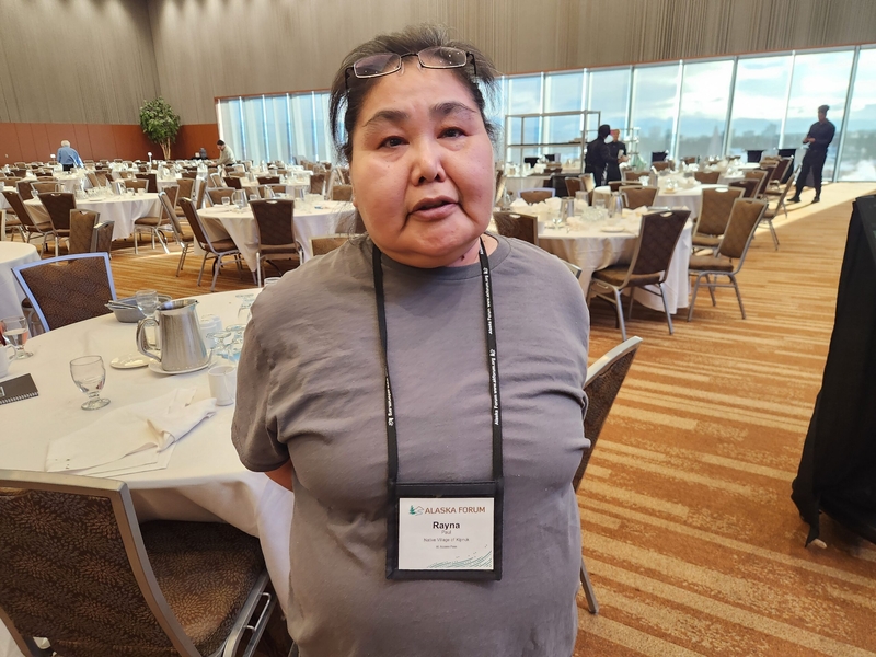 Rayna Paul of Kipnuk, stands in a meeting room at the Dena'ina Civic and Conventino Center on Feb. 2, 2026, after a panel discussion on ex-Tyyphoon Halong at the Alaska Forum on the Environment. (Photo by Yereth Rosen/Alaska Beacon)