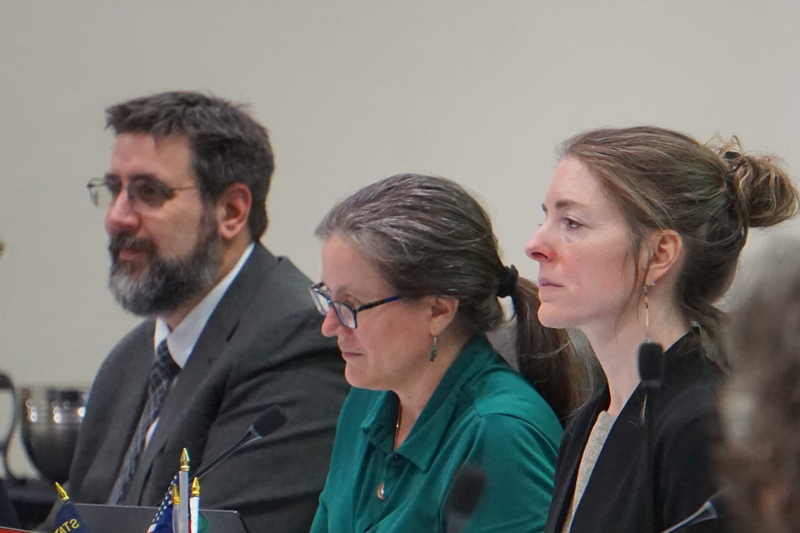 North Pacific Fishery Management Council member Nate Pamplin, Diana Evans, the council's executive director, and council chair Angel Drobnica listen to testimony on Feb. 7, 2026, at the February meeting in Anchorage. (Photo byYereth Rosen/Alaska Beacon)