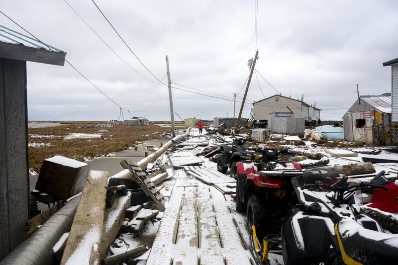 Pollution response teams from the U.S. Coast Guard conduct post-storm assessments in Kipnuk on Oct. 22, 2025, after the community was impacted by severe flooding from ex-Typhoon Halong. (Photo by Petty Officer 1st Class Shannon Kearney/U.S. Coast Guard)