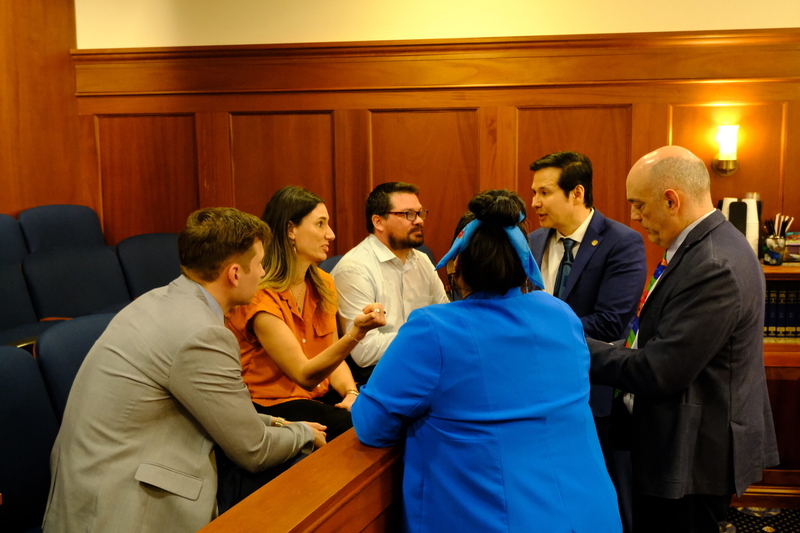 Members of the House huddle with staff members in deliberations on the operating budget on Apr. 9, 2026. (Photo by Corinne Smith/Alaska Beacon)