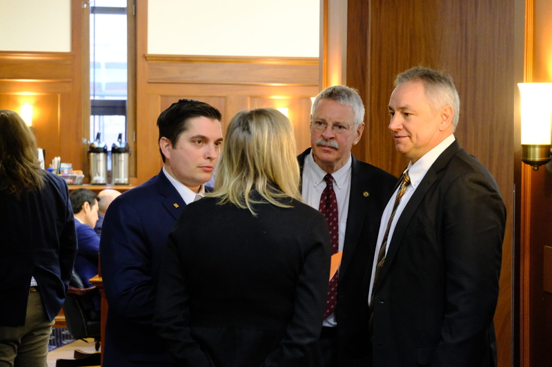 Members of the all-Republican minority caucus Reps. DeLena Johnson, R-Palmer, Justin Ruffridge, R-Soldotna, Dan Saddler, R-Eagle River, Frank Tomaszewski, R-Fairbanks are seen in the House during a break in the debate on the operating budget on Apr. 13, 2026. (Photo by Corinne Smith/Alaska Beacon)