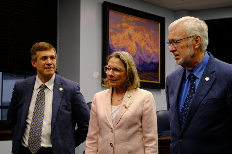 Senate President Gary Stevens, R-Kodiak, Sens. Cathy Giessel, R-Anchorage, and Bill Wielechowski, D-Anchorage are seen at a news conference after the Senate adjourned on May 20, 2026. (Photo by Corinne Smith/Alaska Beacon)