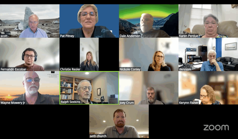 The University of Alaska Board of Regents and UA President Pat Pitney are seen on a web call, following the announcement of the new UA president, Matt Cooper on May 1, 2026. (Screenshot of web call)