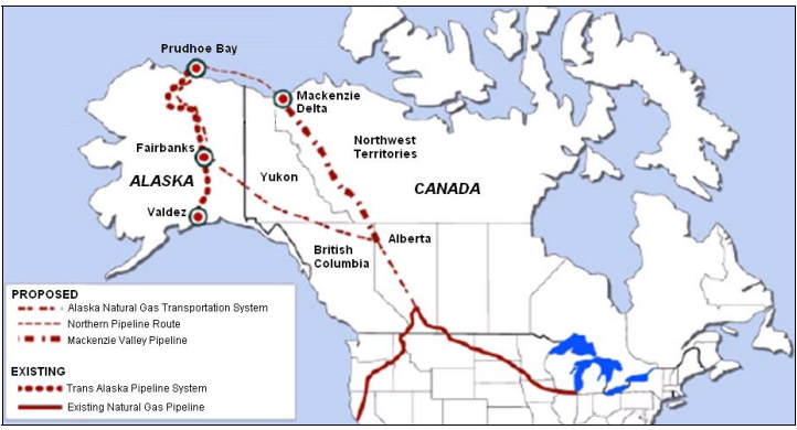 A map shows various Alaska natural gas pipeline routes proposed as of 2011. (Map from the Congressional Research Service publication, "The Alaska Natural Gas Pipeline: Background, Status, and Issues for Congress," by Paul W. Parfomak, Specialist in Energy and Infrastructure Policy,June 9, 2011)