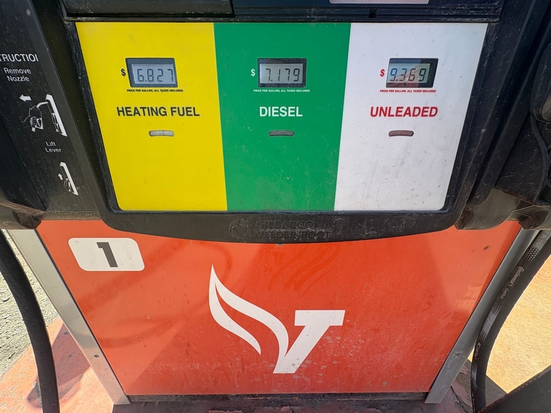 At Vitus’ pump in Bethel, gas is selling for $9.37 a gallon after a recent price increase. (Nathaniel Herz/Northern Journal)