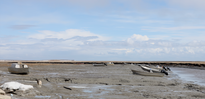 Boats are pulled up on shore in Hooper Bay last week. (Nathaniel Herz/Northern Journal)