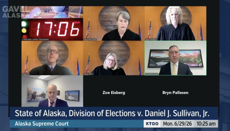 The Alaska Supreme Court considered oral arguments in a fast-tracked case appealing a lower court's ruling Dan J. Sullivan is eligible to run for U.S. Senate on June 29, 2026. (Screenshot of Gavel livestream)