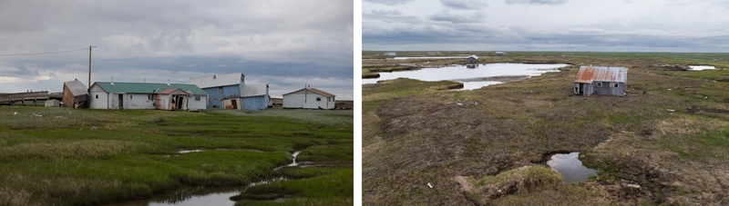 (Left) Ex-Typhoon Halong devastated the village of Kwigillingok, Alaska, on Oct. 12, 2025, sending homes off their foundations and carrying some hundreds of feet to several miles across the surrounding tundra. These homes were photographed on June 18, 2026. (Right) Houses are scattered across the tundra near Kwigillingok, Alaska, on June 18, 2026. During ex-Typhoon Halong, homes were lifted from their foundations and carried across the tundra and river by floodwaters. Many residents were later airlifted to